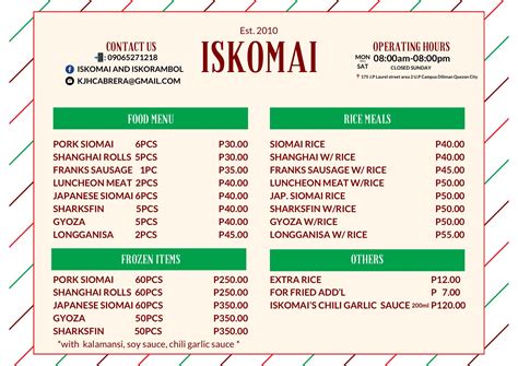 Menu of Iskomai X Iskorambol, Diliman, Quezon City .